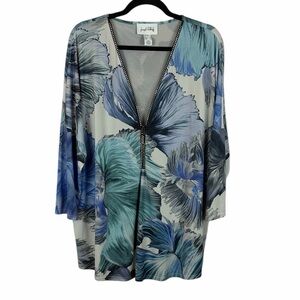 Joseph Ribkoff Blue Floral Zip Front Tunic Size 18 Embellished V-Neck Top